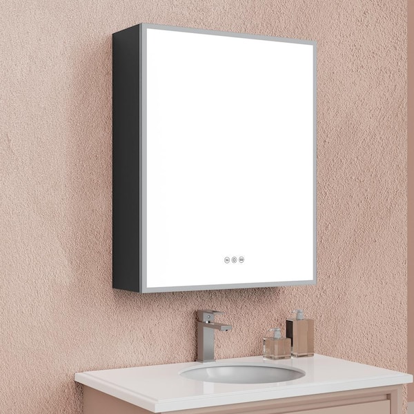 tunuo 24 in. W x 30 in. H Rectangular Black Right Swing Medicine Cabinet with Mirror and LED Light
