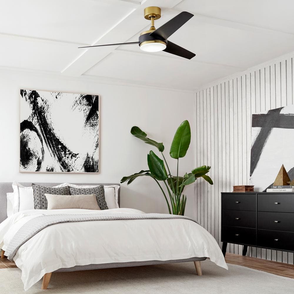 54" Satin Brass and Matte Black Smart Ceiling Fan with LED Light and Remote