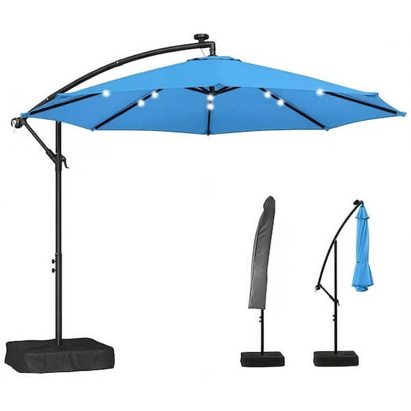 aqua blue patio umbrella with solar lights Dracelo 9.7 ft. Steel Solar LED Cantilever Patio Umbrella in Lake Blue with  Crank, Cross Base and Sandbag for Outdoor Garden GT-1521