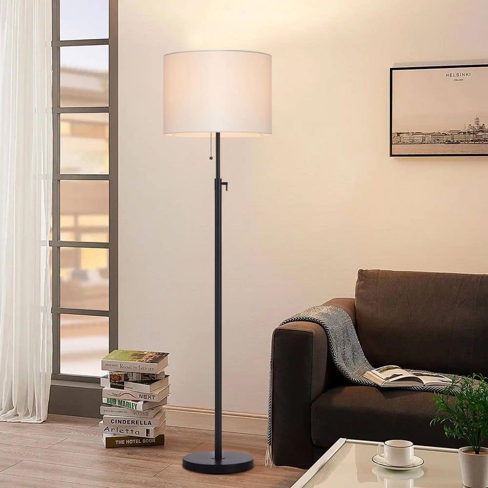 Adjustable Black Metal Floor Lamp with Beige Drum Shade