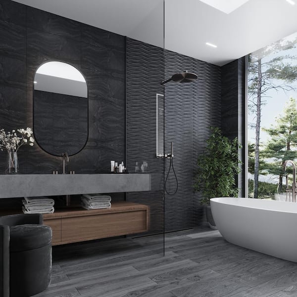 Sculpt 12.6 in. x 24.6 in. Black Porcelain Matte Wall and Floor Tile (10.76 sq. ft./case) 5-Pack
