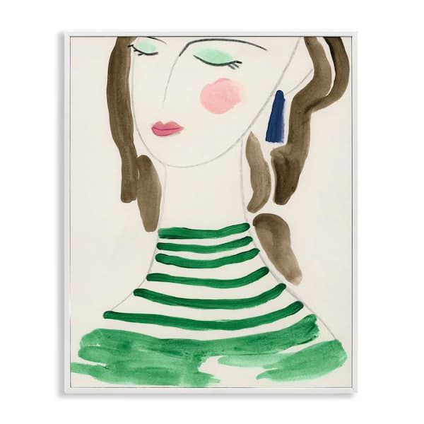 Stupell Industries Woman in Green Stripes by June Erica Vess White Framed People Giclee Art Print 14 in. x 11 in.