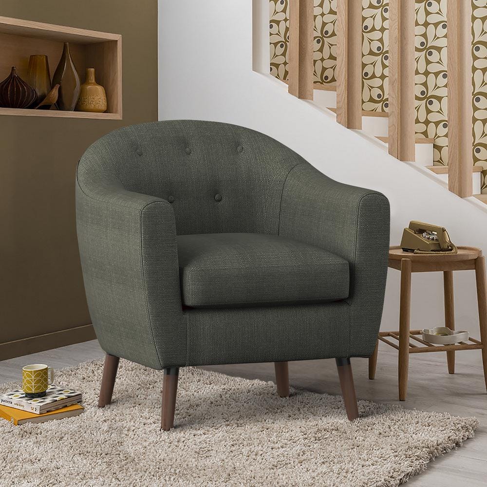 Scandinavian Gray Barrel Accent Chair with Cherry Wood Legs