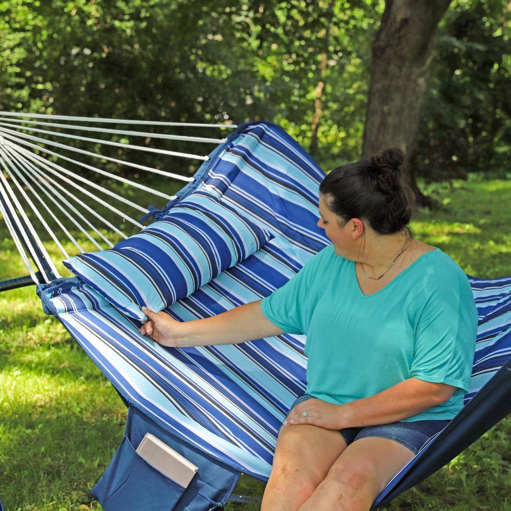 Blue and White Quilted Double Hammock with Metal Spreader Bars