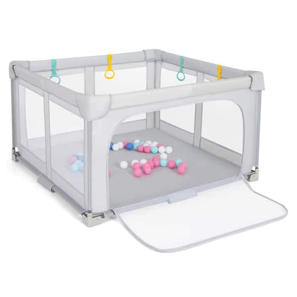 Large Baby Playpen 50 in. x 50 in. Playset with Zipper Gate 50-Ocean Balls and 4-Pull-up Rings