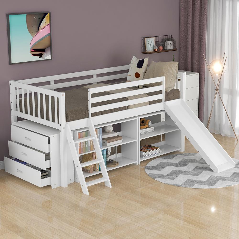 URTR White Twin Loft Bed With Slide, Wood Low Loft Bed With Attached ...