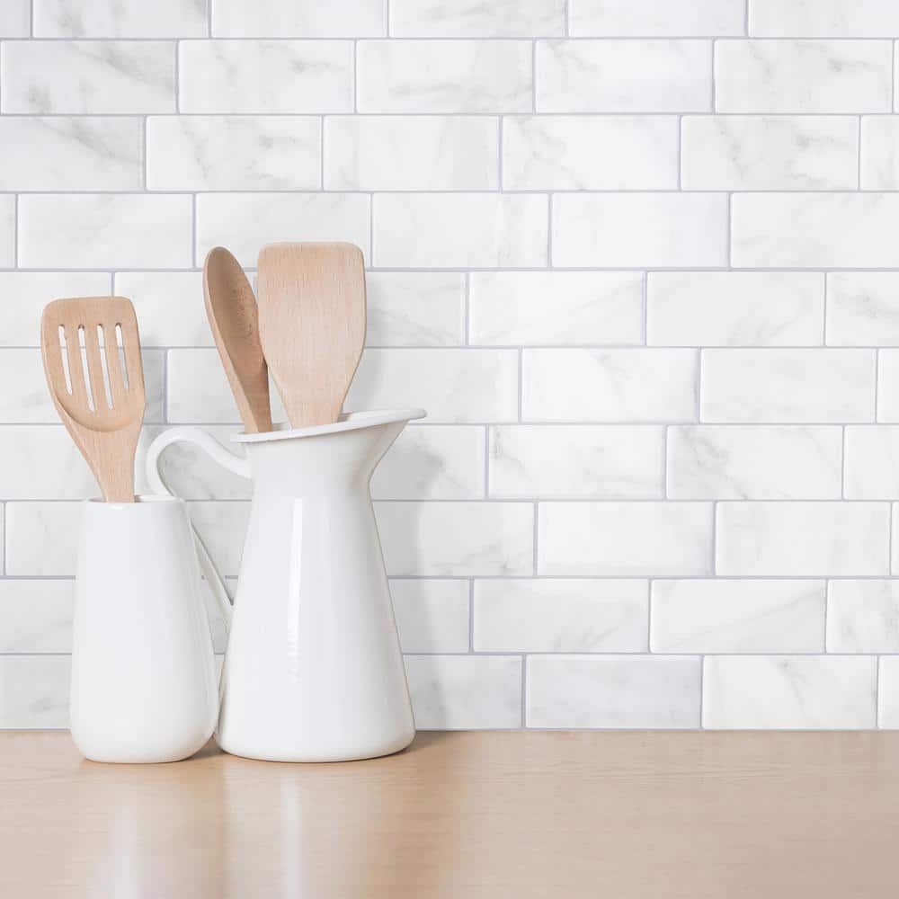 Metro Carrera White Marble Peel and Stick Backsplash Tiles