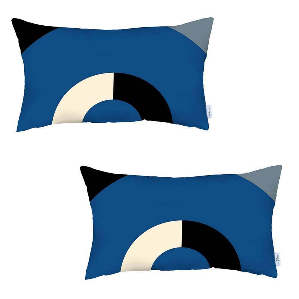 Boho-Chic Blue and Black Polyester Lumbar Pillow Covers, Set of 2