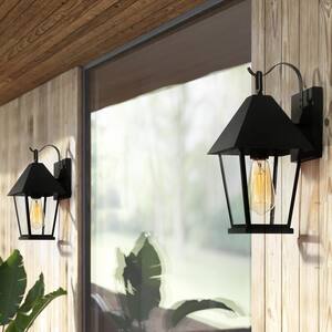 Modern Black Outdoor Pendant Light, Jared 1-Light Outdoor Wall Lantern Sconce Light with Seeded Glass Shade (2-Pack)
