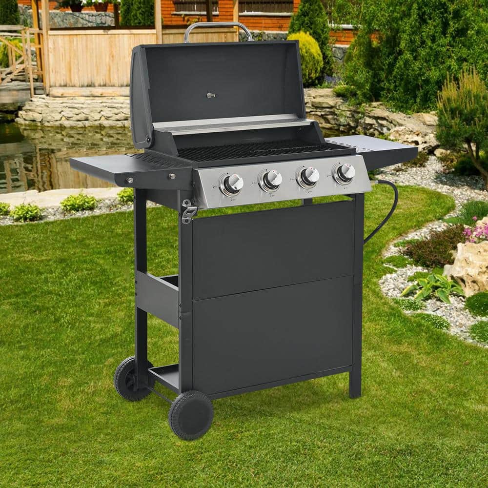 Black Stainless Steel 4-Burner Propane Gas Grill with Side Burner