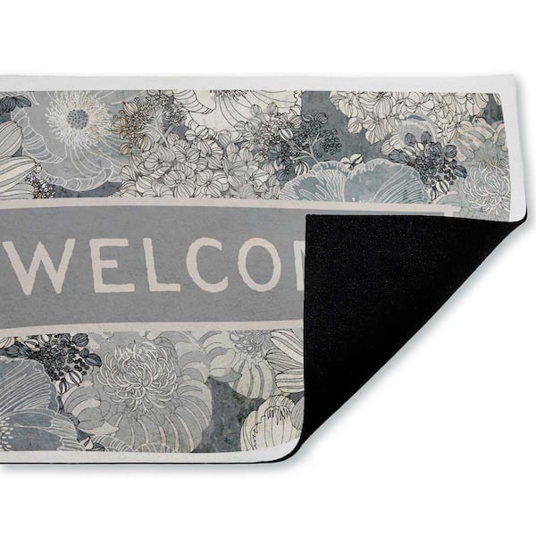 Monochrome Blooms Welcome Gray 18 in. x 30 in. Polyester Non-Slip Outdoor Door Mat
