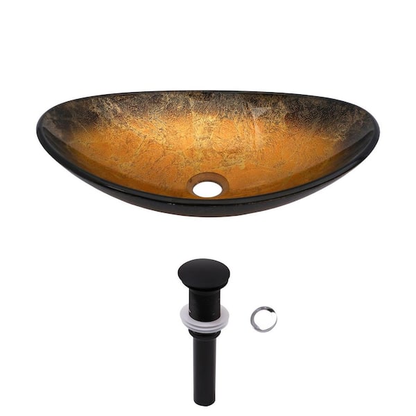 18.50 in. L x 12.01 in. H Above Countertop Oval Gold Bathroom Glass Vessel Sink Art Basin Lavatory with Black Drainer