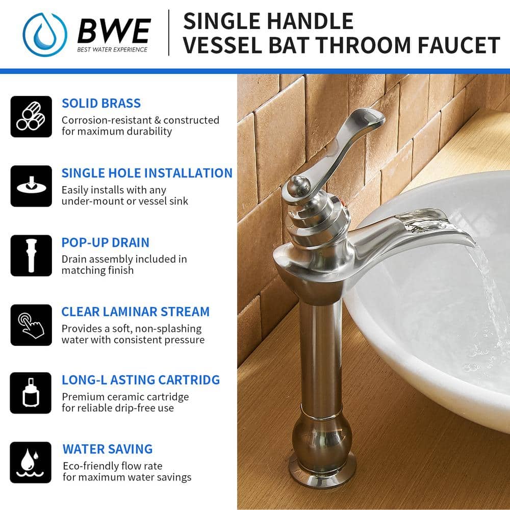 Brushed Nickel Single-Handle Waterfall Vessel Bathroom Faucet