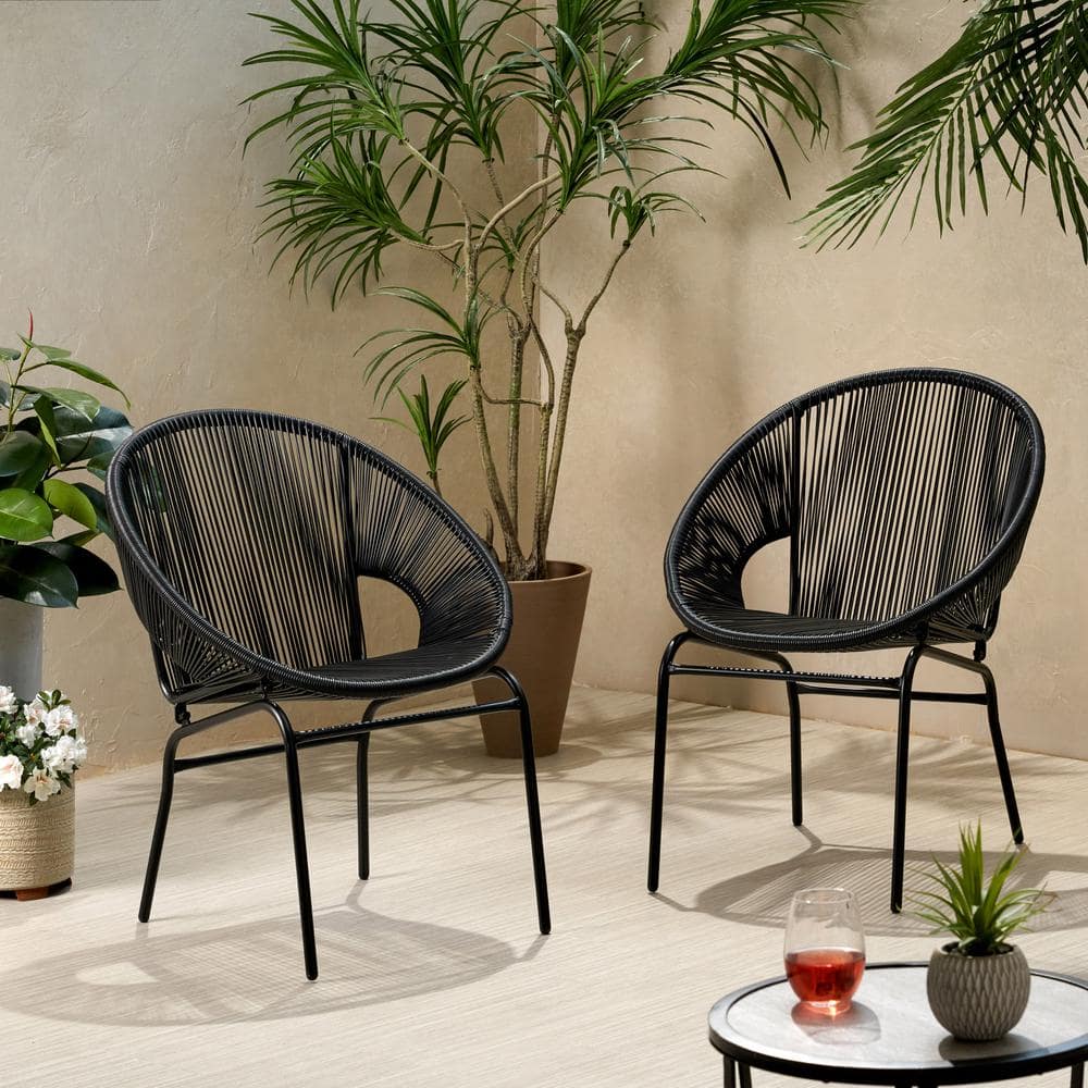 2-Piece Black Metal Frame Outdoor Wicker Lawn Chairs with Black Woven Rope price history on PriceWatchPro