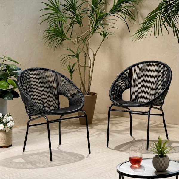 Harper & Bright Designs 2-Piece Black Metal Frame Outdoor Wicker Lawn Chairs with Black Woven Rope