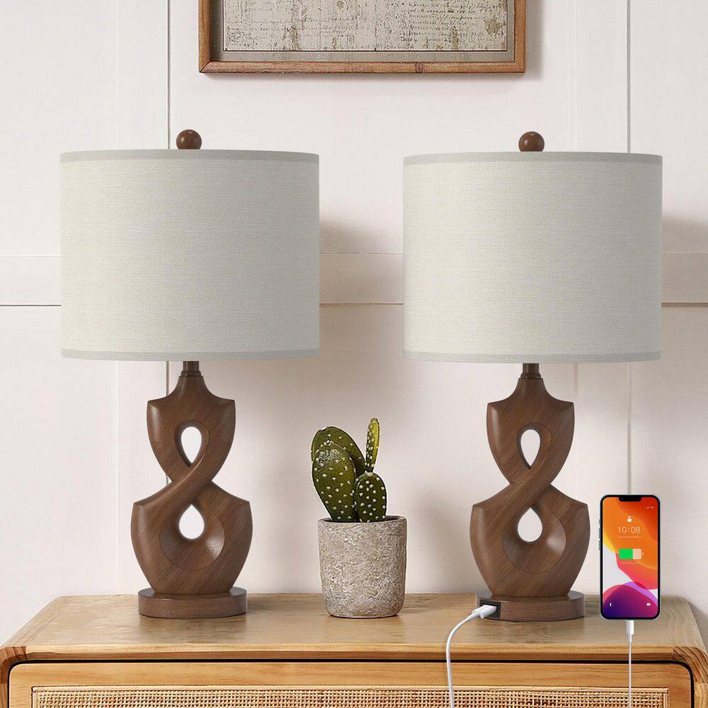 Cincinati 24 in. Wood Grain Modern Dimmable Resin Living Room Bedside Desk Nightstand Table Lamps USB Port Set of 2 price history on PriceWatchPro