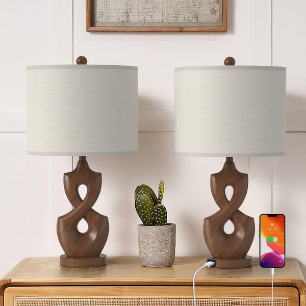 Maxax Cincinati 24 in. Wood Grain Resin Modern Art Deco Table Lamp with White Drum Shade and USB Port (Set of 2)