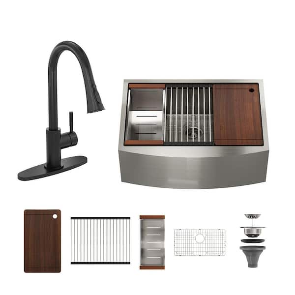 33 in. Undermount Single Bowl 18-Gauge Brushed Stainless Steel Kitchen Sink with Matte Black Faucet and Accessories Kits