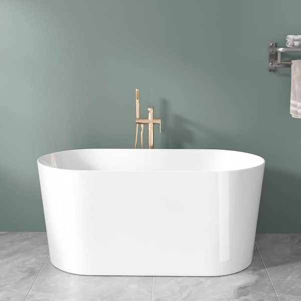 55 in. x 27.5 in. Acrylic Freestanding Oval Soaking Bathtub in White with Chrome Pop Up Drain CUPC Certificate