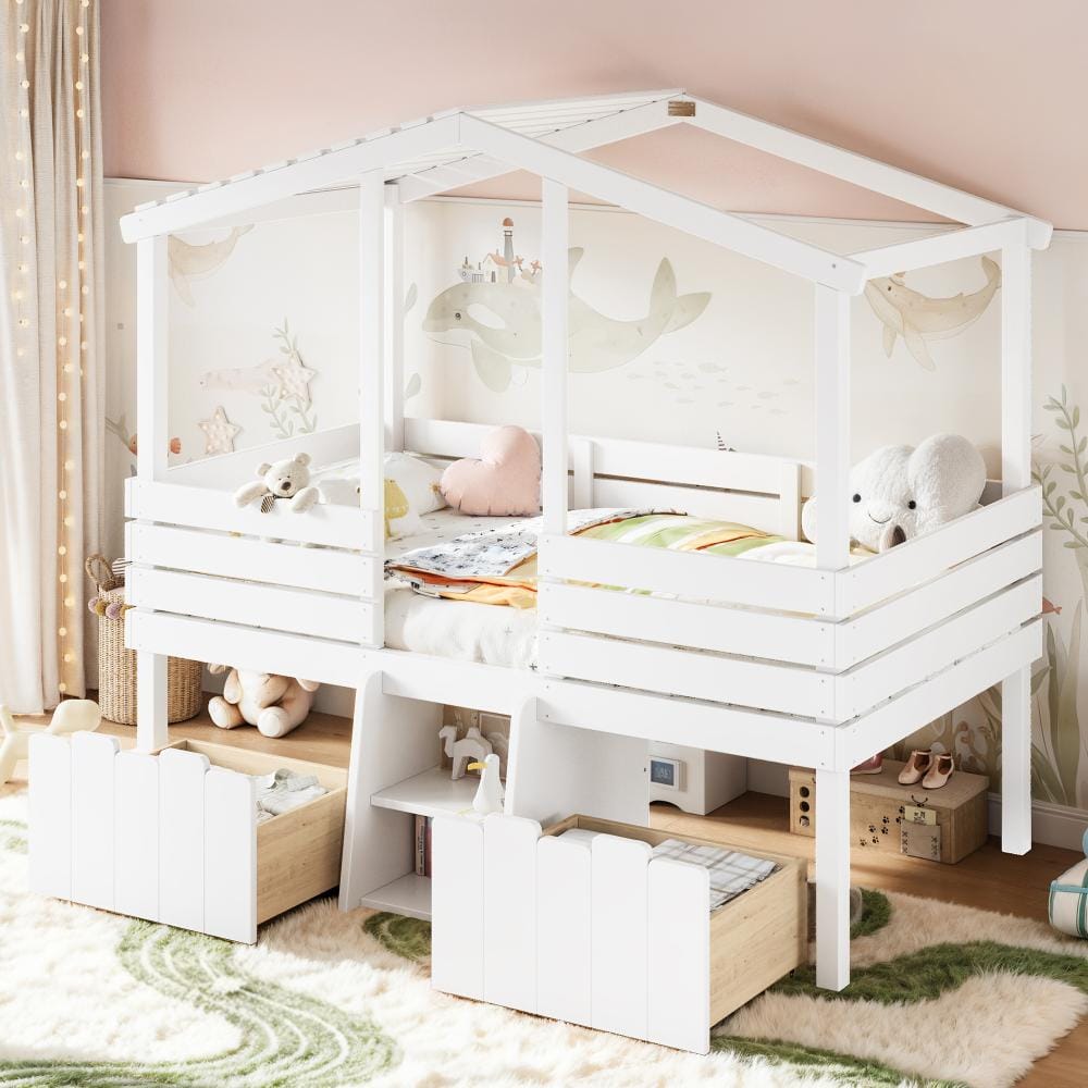 White Twin Size Wood House Loft Bed with 2 Drawers price history on PriceWatchPro