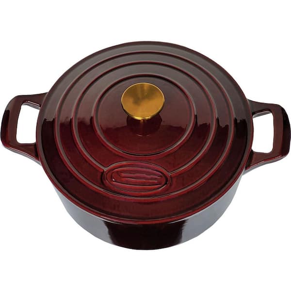 Enameled Cast Iron Dutch Oven, Cranberry with Gold Knob, Matte Black Interior, Oven & All-Stovetop Safe