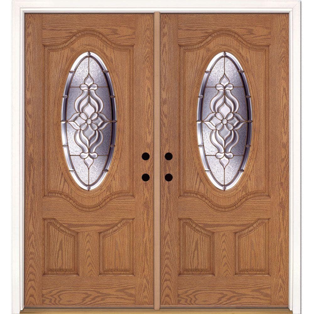 74 in. x 81.625 in. Lakewood Brass 3/4 Oval Lite Stained Light Oak Right-Ha