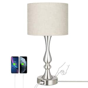 20.7 in. Silver Base Modern Dimmable Table Lamp with Beige Shade and USB Ports