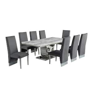 Ada 9-Piece White Marble Top With Stainless Steel Base Table Set With 8 Dark Grey Velvet, Nail Head Trim Chairs