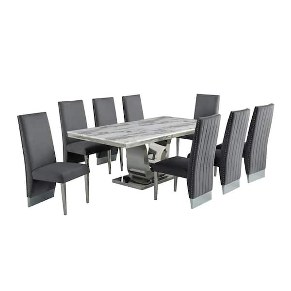 Best Quality Furniture Ada 9-Piece White Marble Top With Stainless Steel Base Table Set With 8 Dark Grey Velvet, Nail Head Trim Chairs
