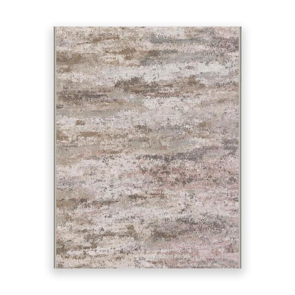 Dusty Beige Abstract 5 ft. x 7 ft. Washable Polyester Indoor Area Rug