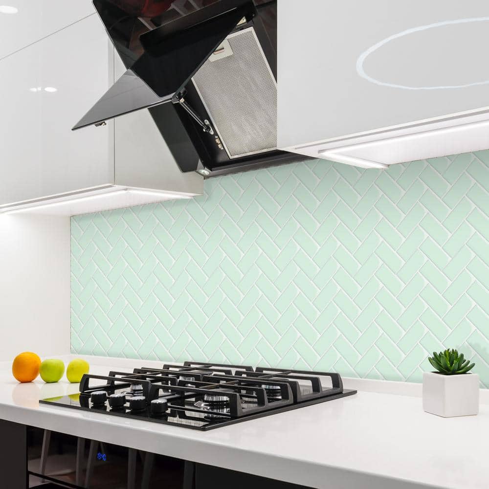 Mint Green PVC Peel and Stick Herringbone Wall Tile