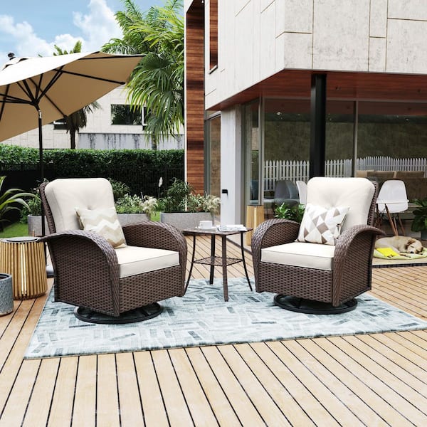 3-piece Brown Wicker Outdoor Rocking Chairs with White Cushions