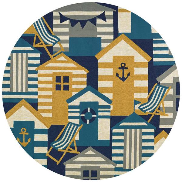 Couristan Outdoor Escape Beach Hut Navy-Multi 7 ft. 10 in. x 7 ft. 10 in. Round Indoor/Outdoor Rug