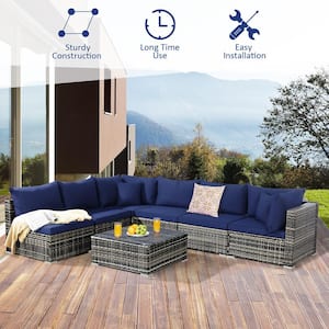 7-Pieces Patio Rattan Furniture Set Sectional Sofa Garden Navy Cushion