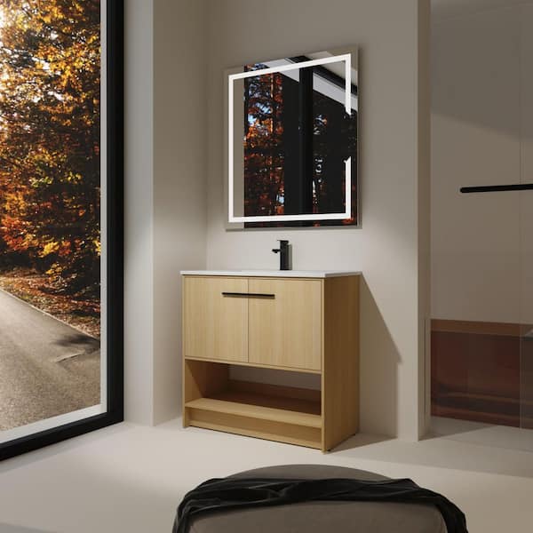36 in. Single Sink Freestanding Oak Bath Vanity with White Ceramic Top Open Shelf and Door Storage Cabinet Unassembled