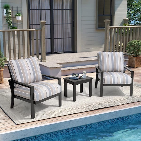 Black Aluminum Frame Outdoor Lounge Chair with Sunbrella Cushions and Side Table (3-Pack)