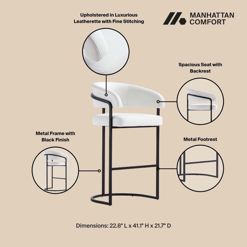 Augusta White Faux Leather Metal Bar Stool with Armrest