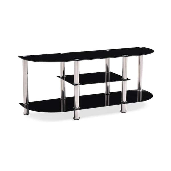 Black Glass TV Stand Chrome Legs 3 Tier Storage Shelves for 60 Inch Flat Screens 