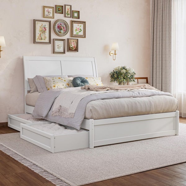 AFI Andorra White Solid Wood Frame Full Platform Bed with Panel Footboard and Storage-Drawers
