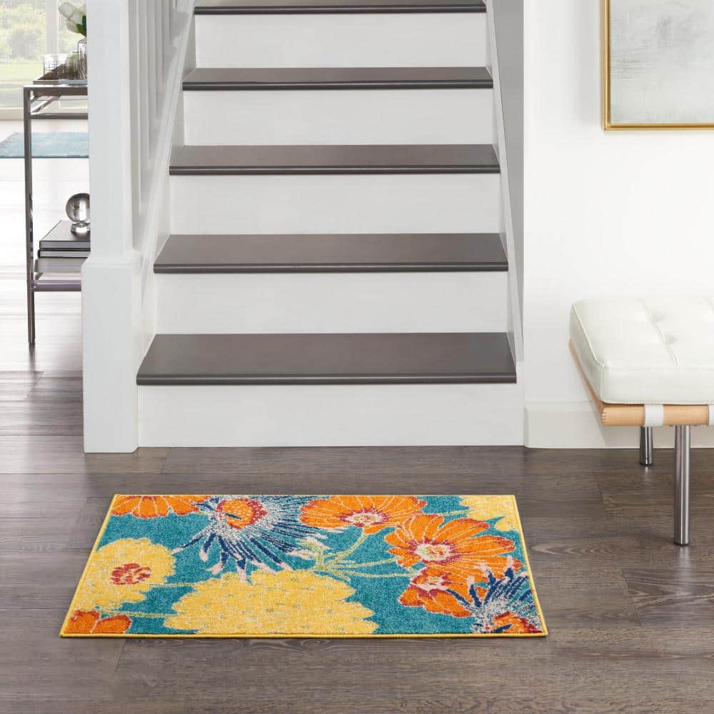 Turquoise Multicolor Floral Synthetic 2' x 3' Area Rug