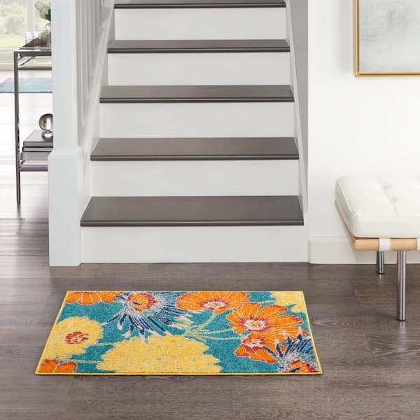 Allur Turquoise Multicolor doormat 2 ft. x 3 ft. Botanical Contemporary Kitchen Rug