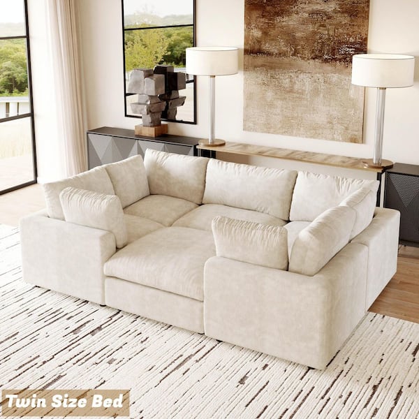 6-Piece Modular Beige Chenille Fabric Pine Wood Cloud Sectional Sofa Living Room Set with Removable Covers and Ottoman