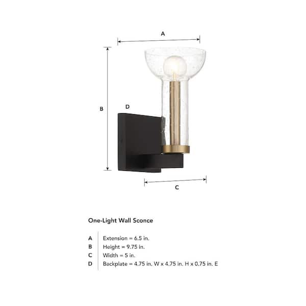 Designers Fountain - Nova 5 in. 1-Light Matte Black Modern Wall Sconce with Clear Seedy Glass Shade and Brushed Gold Accent