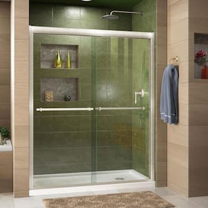 Duet 30 in. D x 60 in. W x 74.75 in. H Semi-Frameless Sliding Shower Door in Brushed Nickel with Right Drain White Base