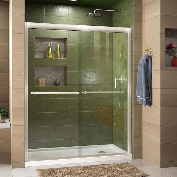 DreamLine Duet 30 in. D x 60 in. W x 74.75 in. H Semi-Frameless Sliding Shower Door in Brushed Nickel with Right Drain White Base