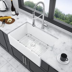 30 in. Farmhouse/Apron-Front Single Bowl Ceramic Reversible Kitchen Sink with Bottom Grids