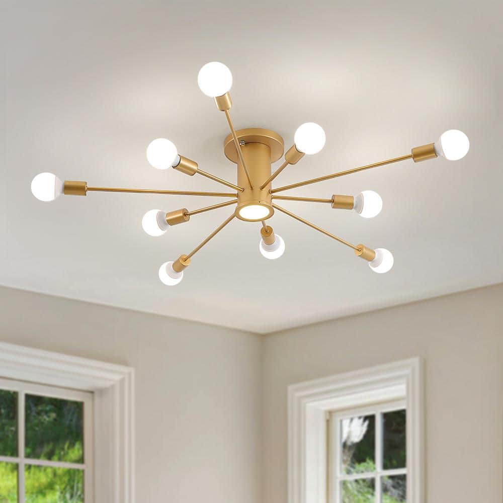 HUOKU Cedernut 40 in. 10-Light Gold Dimmable Linear Semi- Flush