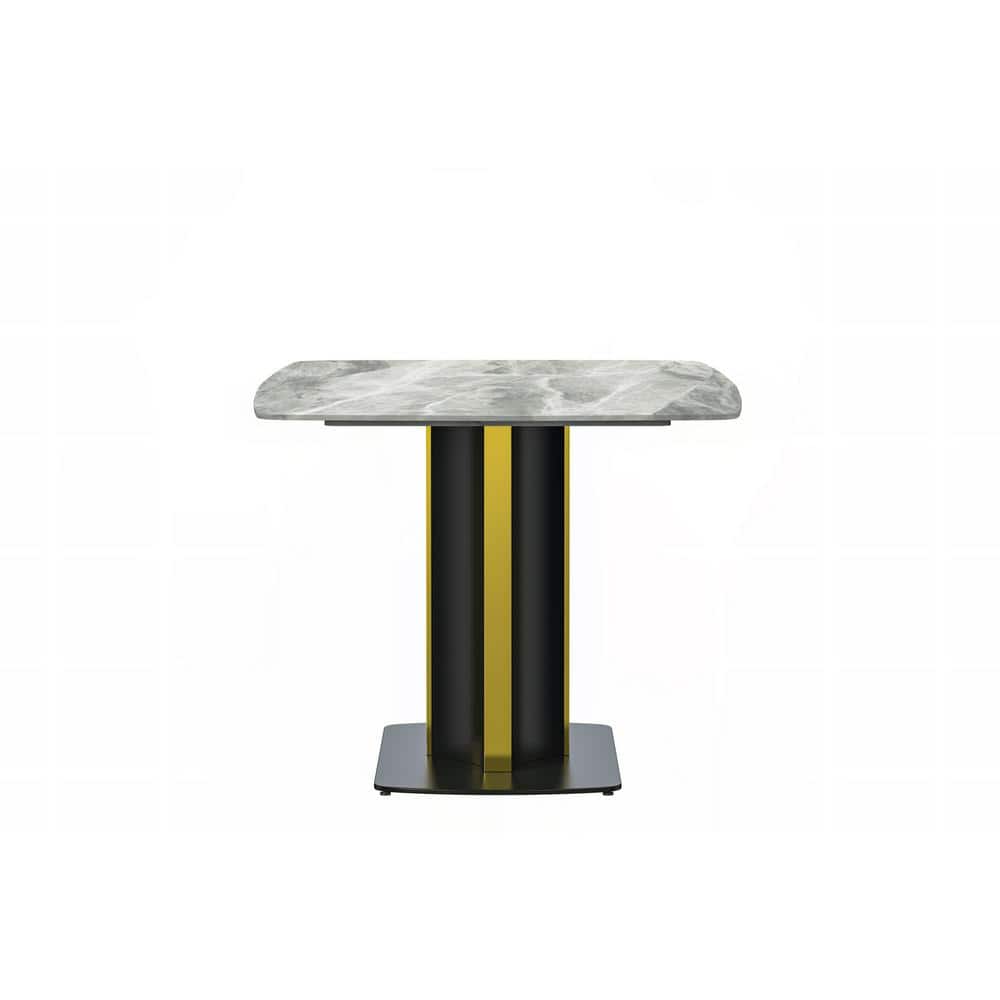 Sylva 71" Light Grey Glass Top Dining Table with Black and Gold Steel Base