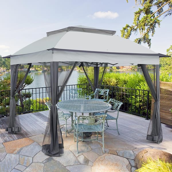 COOS BAY 11 ft. x 11 ft. Gray Steel Pop-Up Gazebo with Mosquito Netting