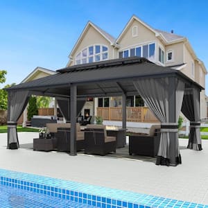 12 ft. x 20 ft. Gray Metal Hardtop Gazebo with Double Roof Pergola, Netting and Curtain Gray